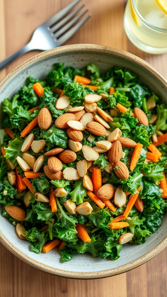 A colorful kale crunch salad with kale, cabbage, almonds, and carrots in a rustic bowl on a wooden table.